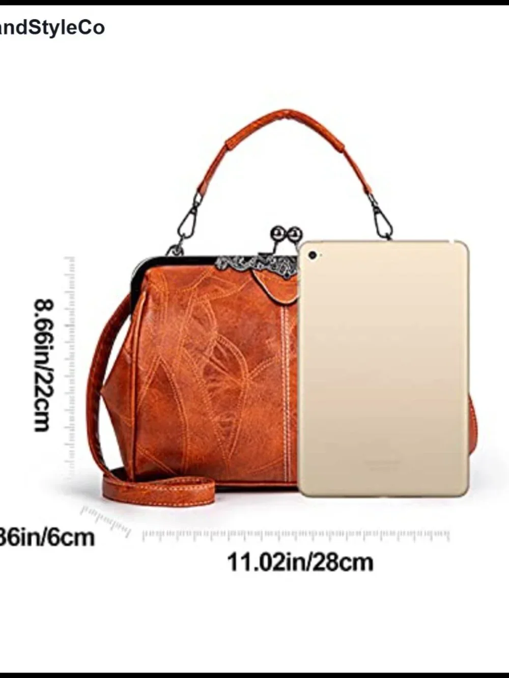 Vintage Faux Leather Satchel Purse with Kiss Lock Crossbody Shoulder Bag